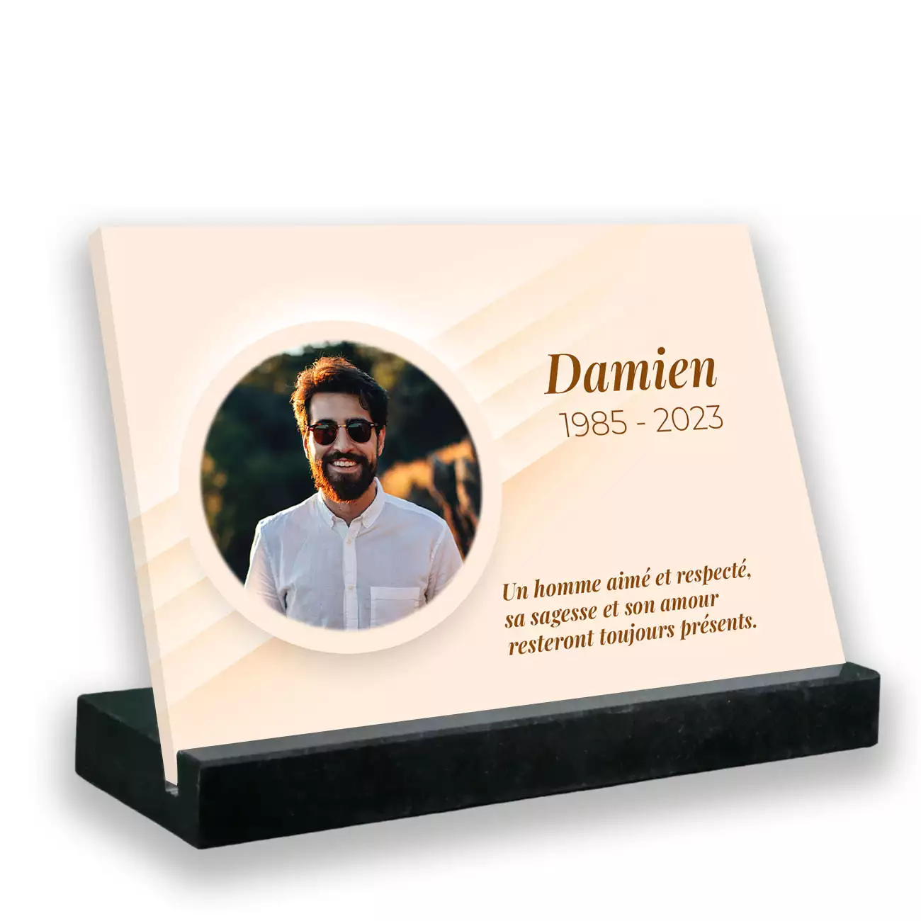 Plaque funéraire photo thème personnifié avec support socle en granit noir