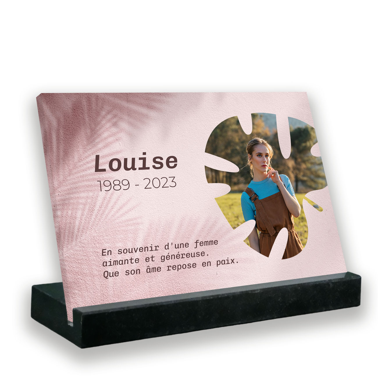 Plaque funéraire photo thème spécifié avec support socle en granit noir