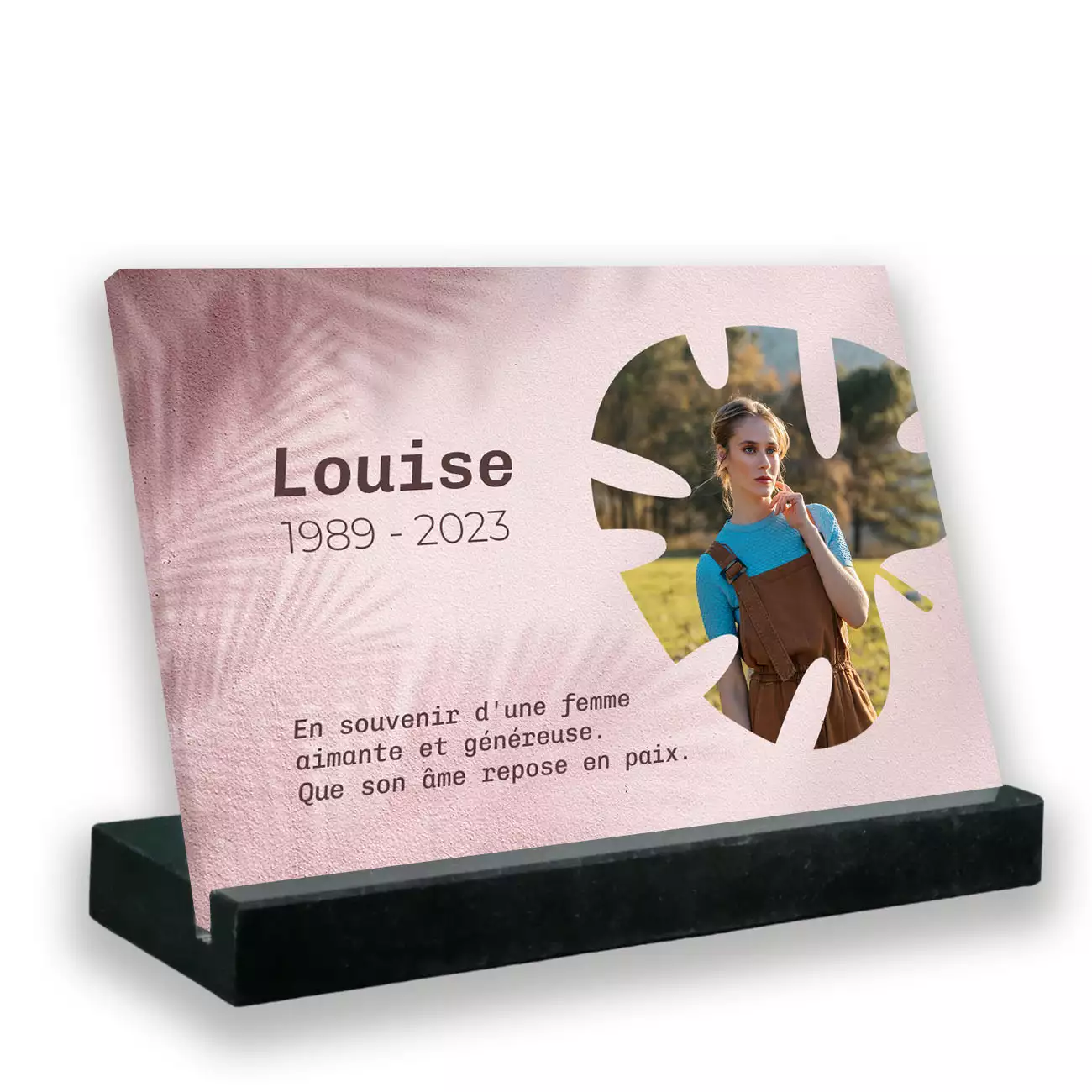 Plaque funéraire photo thème spécifié avec support socle en granit noir
