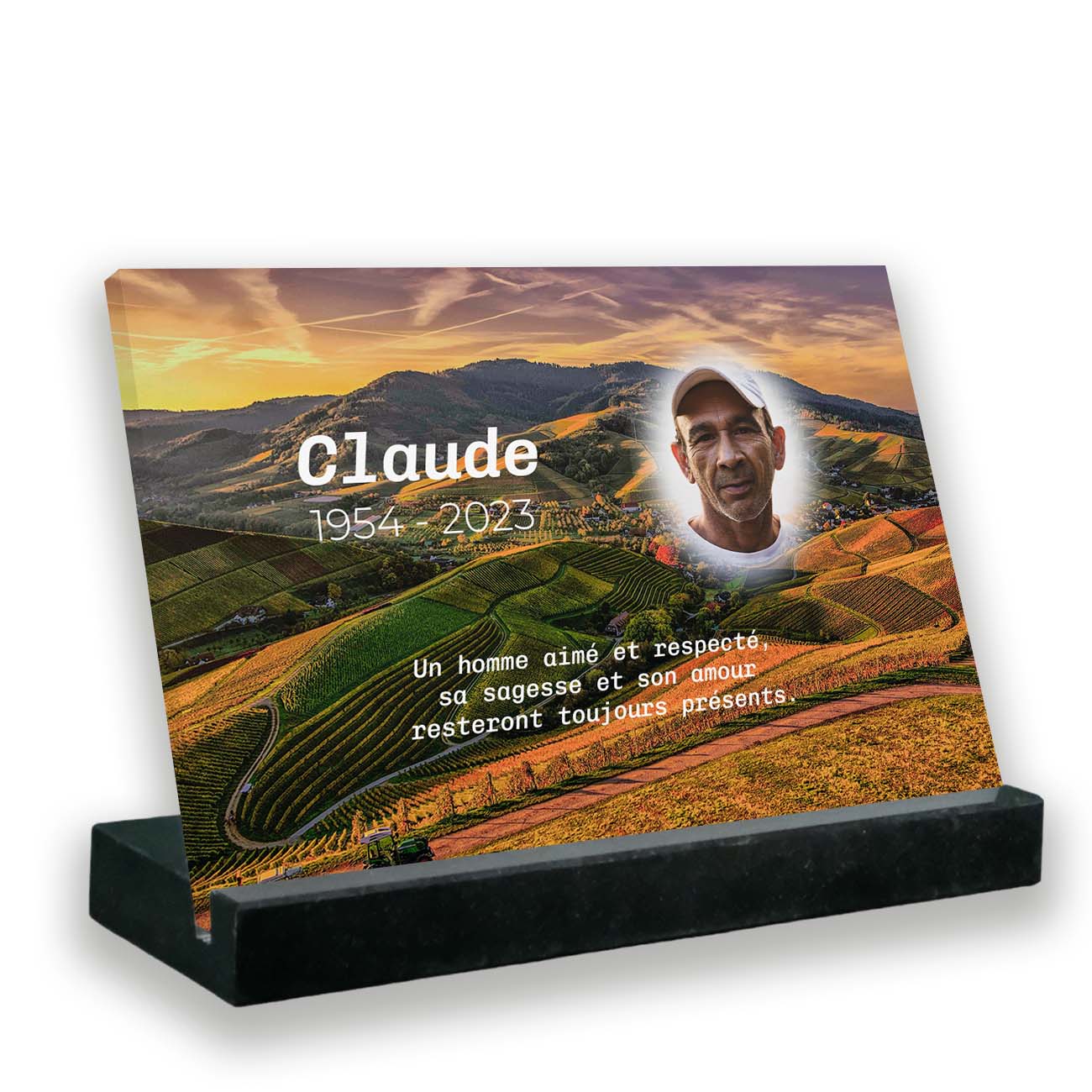 Plaque funéraire photo thème tracteur avec support socle en granit noir