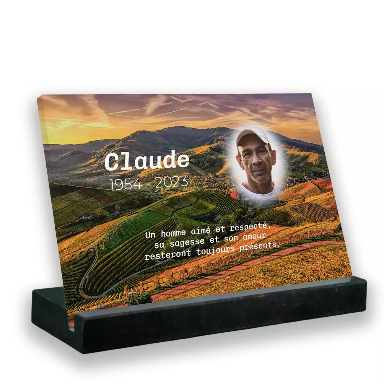 Plaque funéraire photo thème tracteur avec support socle en granit noir