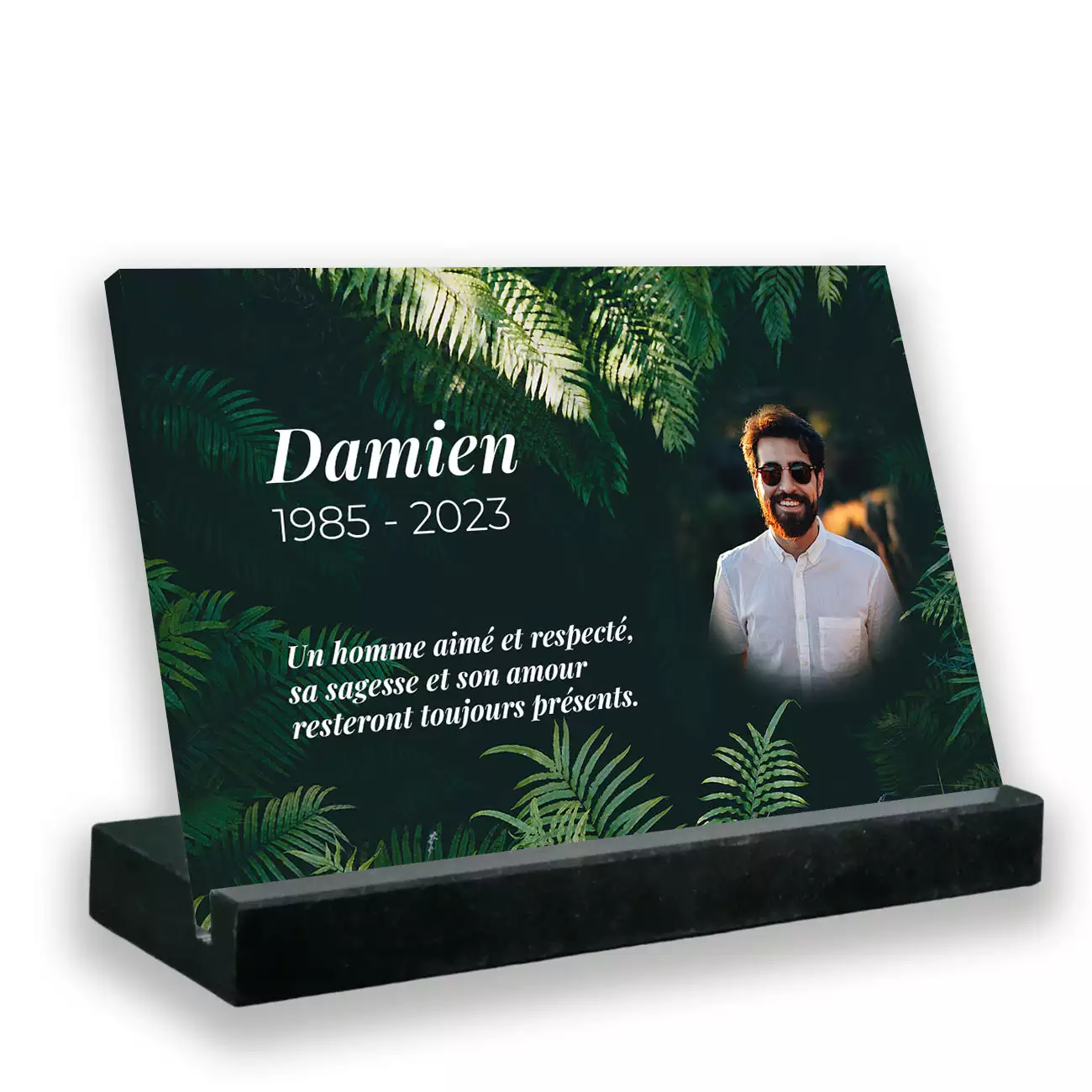 Plaque funéraire photo thème forêt avec support socle en granit noir