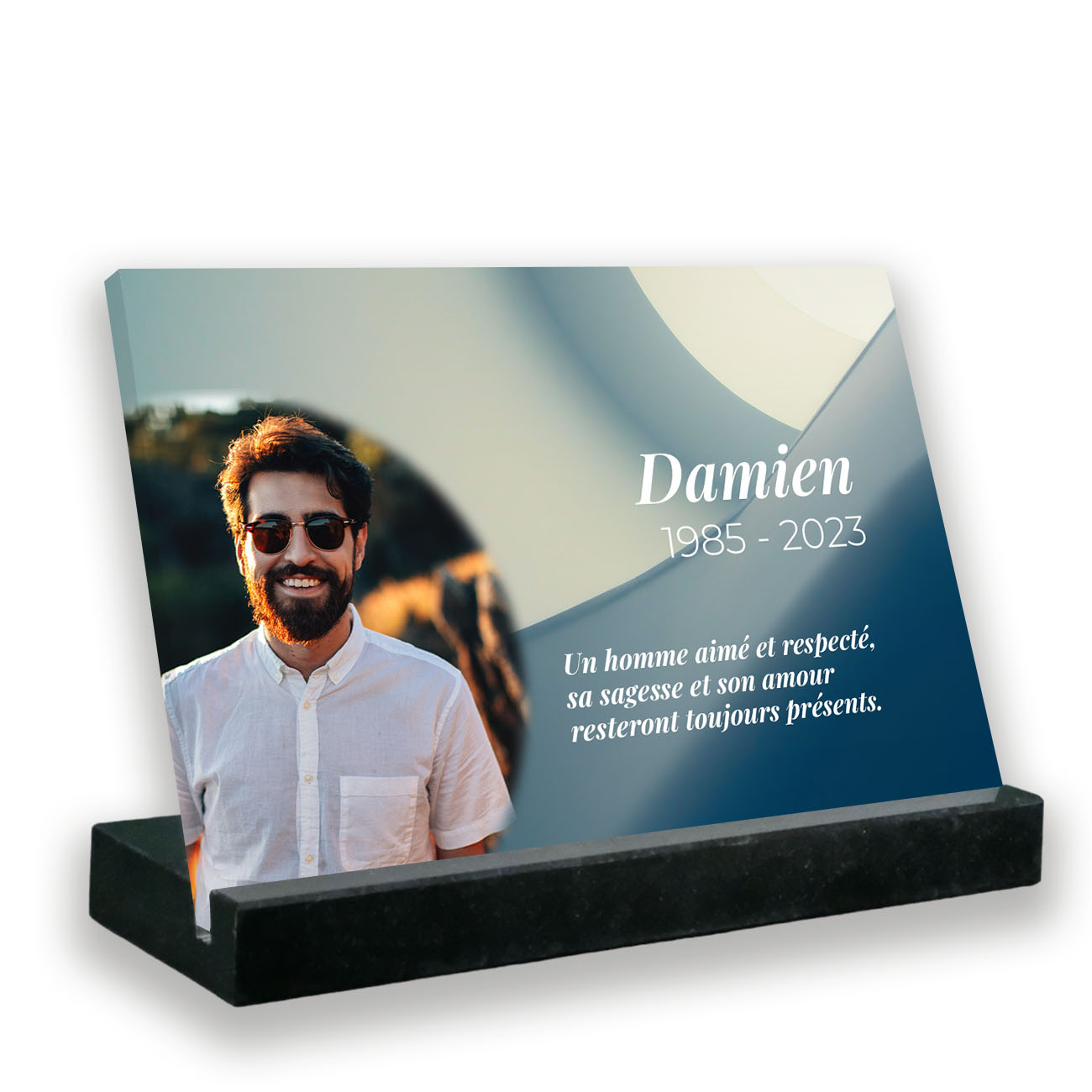 Plaque funéraire photo thème fond bleu avec support socle en granit noir