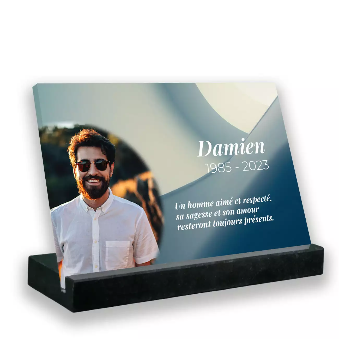 Plaque funéraire photo thème fond bleu avec support socle en granit noir