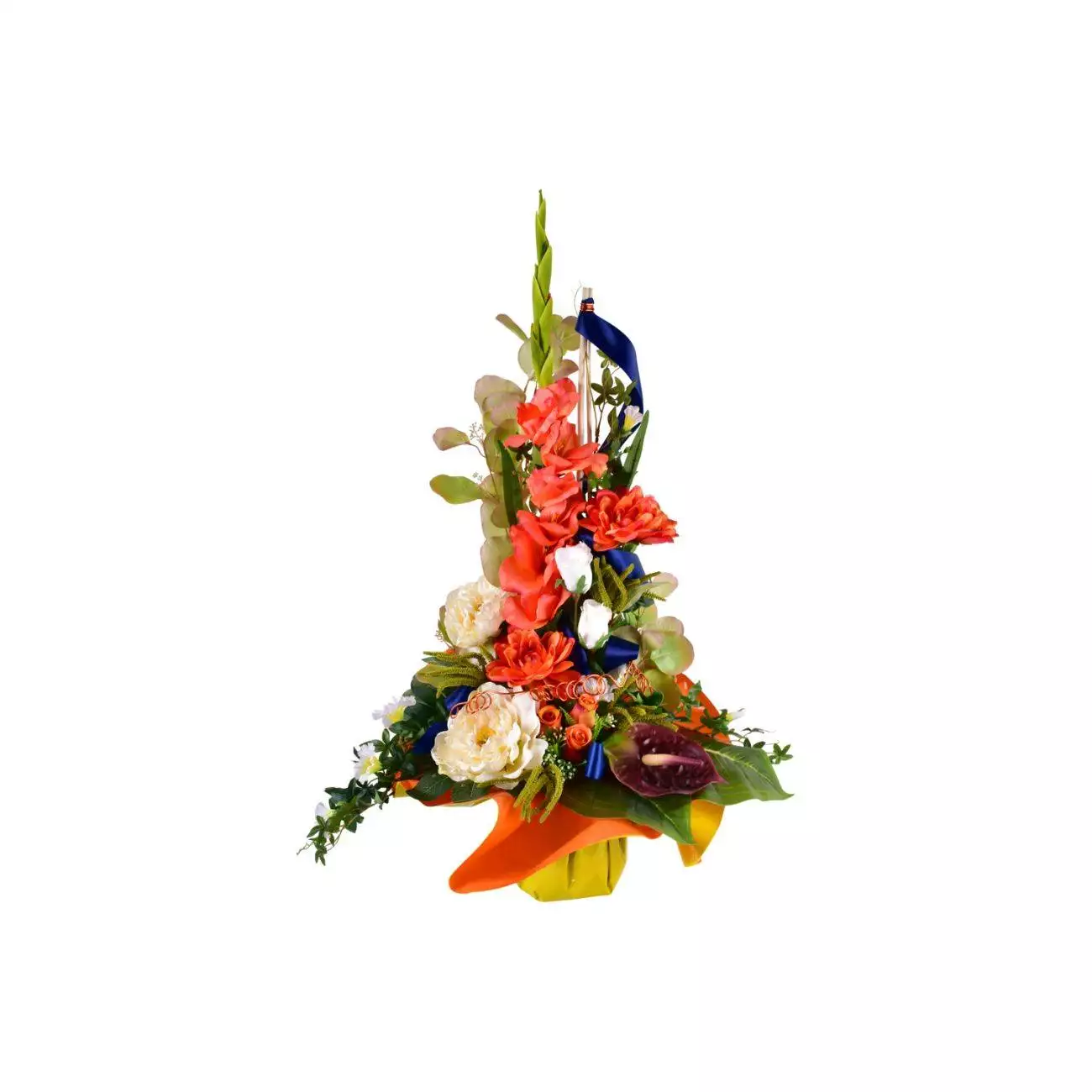 Magnifique bouquet de fleurs artificielles pour cimetière, disponible en teintes orange ou purple, conçu pour résister aux intempéries et embellir un lieu de mémoire. Dimensions : 87 x 61 x 33 cm.