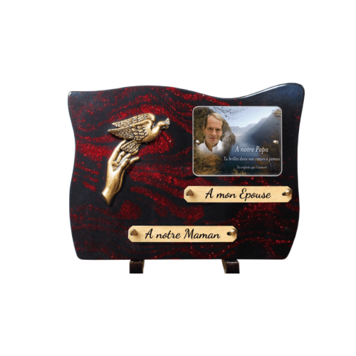 Plaque funéraire composite pailletée motif main et colombe dorée