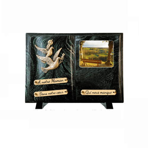 Plaque funéraire livre pailletée colombes dorées en vol2